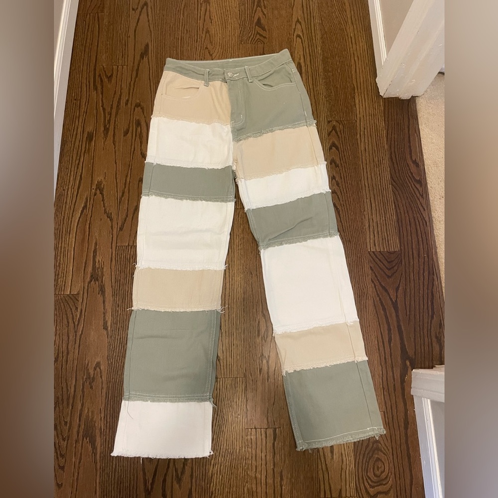 Cut and sew high waisted straight leg jeans